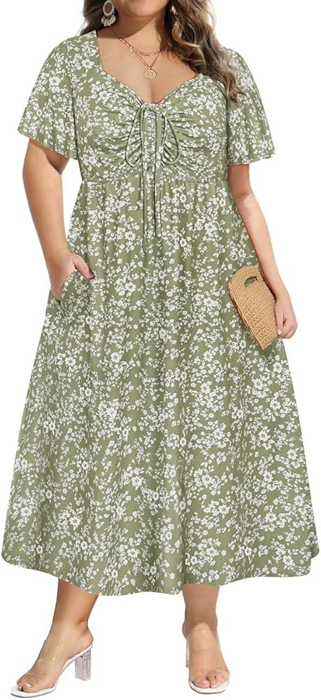 CARCOS Plus Size Dresses for Curvy Women Tie Sweetheart Neck Summer Maxi Dress Short Sleeve Empir... | Amazon (US)