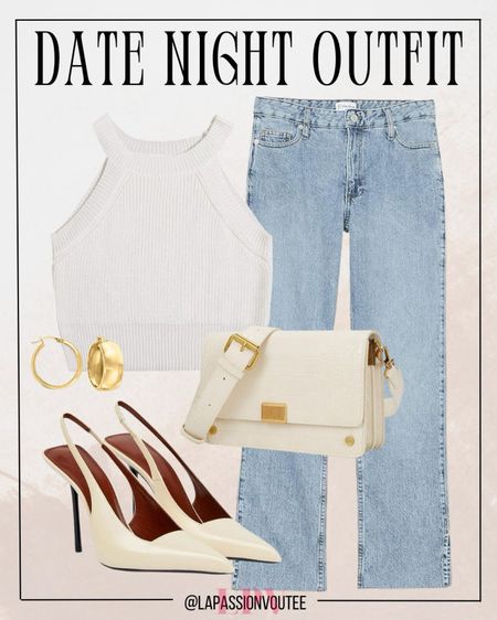 Effortless chic meets casual elegance for your date night ensemble. Embrace laid-back charm with a halter neck crop top paired with classic denim jeans. Elevate the look with statement hoop earrings and a classy crossbody bag. Complete the outfit with sleek slingback stilettos for a touch of sophistication and allure.

#LTKfindsunder100 #LTKSeasonal #LTKstyletip