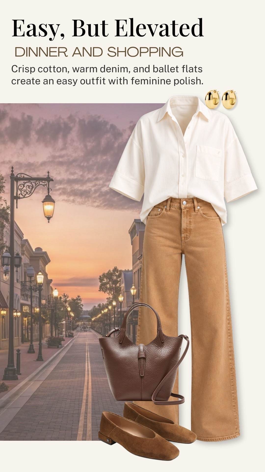 Crisp cotton and warm denim make this an easy outfit for dinner and shopping. I love how the classic button-down and wide-leg jeans feel polished with suede ballet flats and a structured leather tote.

#LTKootd #LTKSeasonal #LTKOver40