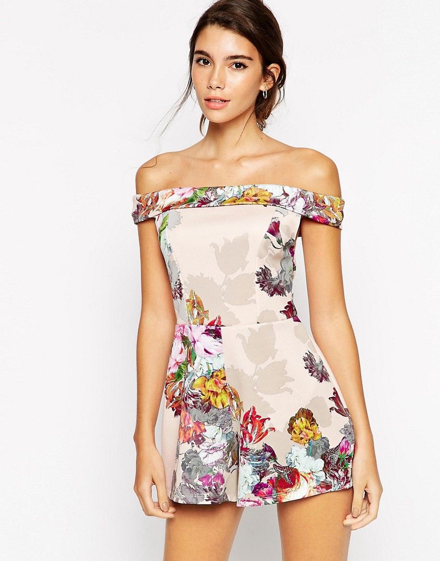 ASOS Occassion Bardot Romper in Shadow Floral - Blush | ASOS US