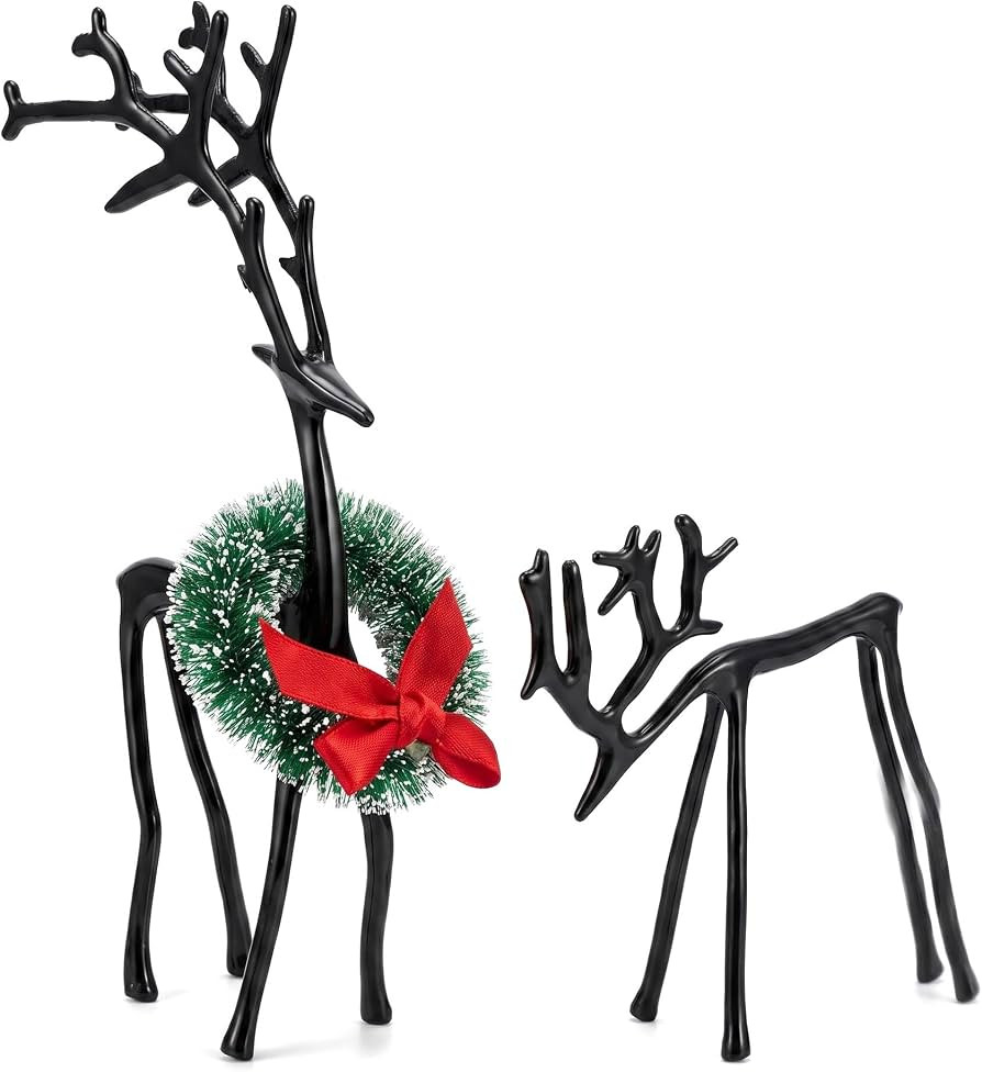 Set of 2 Small Modern Black Metal Reindeer Statues with Mini Christmas Wreath | Compact Minimalis... | Amazon (US)