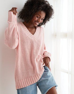 Aerie Chenille V-Neck Oversized Sweater | American Eagle Outfitters (US & CA)