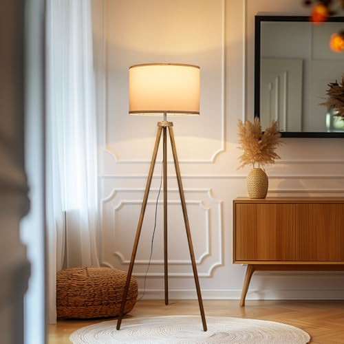 Qingjiamen Tripod Floor Lamp with Linen Drum Lamp Shade, Wood Floor Lamp for Office, Mid Century Modern Standing Lamp for Bedroom, 61" Tall Lamp for Living Room Corner E26 Led Bulb Included | Amazon (US)