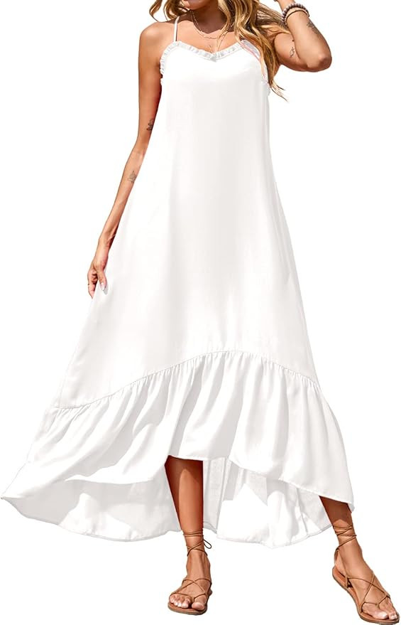 BTFBM Women's Summer Casual Maxi Dresses Spaghetti Strap Sleeveless Ruffle High Low Print Flowy B... | Amazon (US)