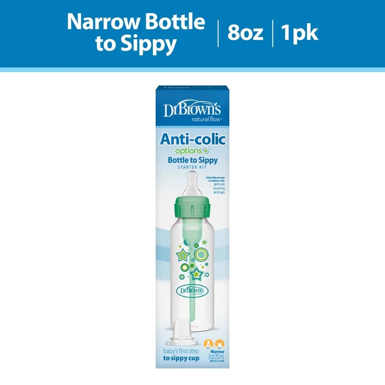 Dr. Brown's Anti-Colic Options+ Narrow Sippy Bottle Starter Kit, 8oz/250ml, Green, BPA Free, 6m+ | Walmart (US)