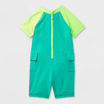 Kids' Adaptive Short Sleeve One Piece Rash Guard - Cat & Jack™ Turquoise Blue/Lime Green XL | Target