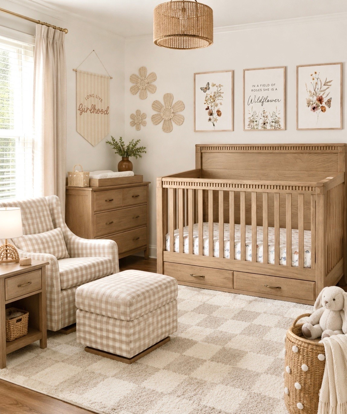 Neutral nursery, baby girl nursery, nursery inspiration, nursery decor, nursery design, wood crib, natural wood furniture, nursery glider, gingham chair, checkered rug, beige nursery, cream nursery, modern farmhouse nursery, boho nursery, cottage nursery, woven decor, rattan lighting, floral nursery, cozy nursery, timeless nursery, organic modern nursery, soft neutral decor, baby room ideas, nursery styling, nursery mood board, light and airy nursery, warm wood tones, nursery furniture, baby girl room, home decor inspiration, Pottery Barn Kids style, Target nursery decor

#LTKHome #LTKBaby