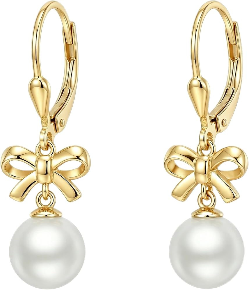 925 Sterling Silver Bow Pearl Drop Earrings for Women, Hypoallergenic Leverback Dangle Earrings, ... | Amazon (US)