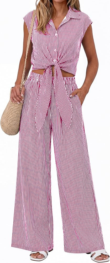 PRETTYGARDEN 2 Piece Sets For Women Summer Striped Button Down Tie Front Crop Tops Wide Leg Pants... | Amazon (US)