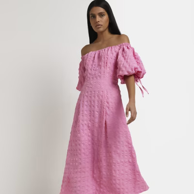 Pink puff sleeve bardot midi dress | River Island (UK & IE)