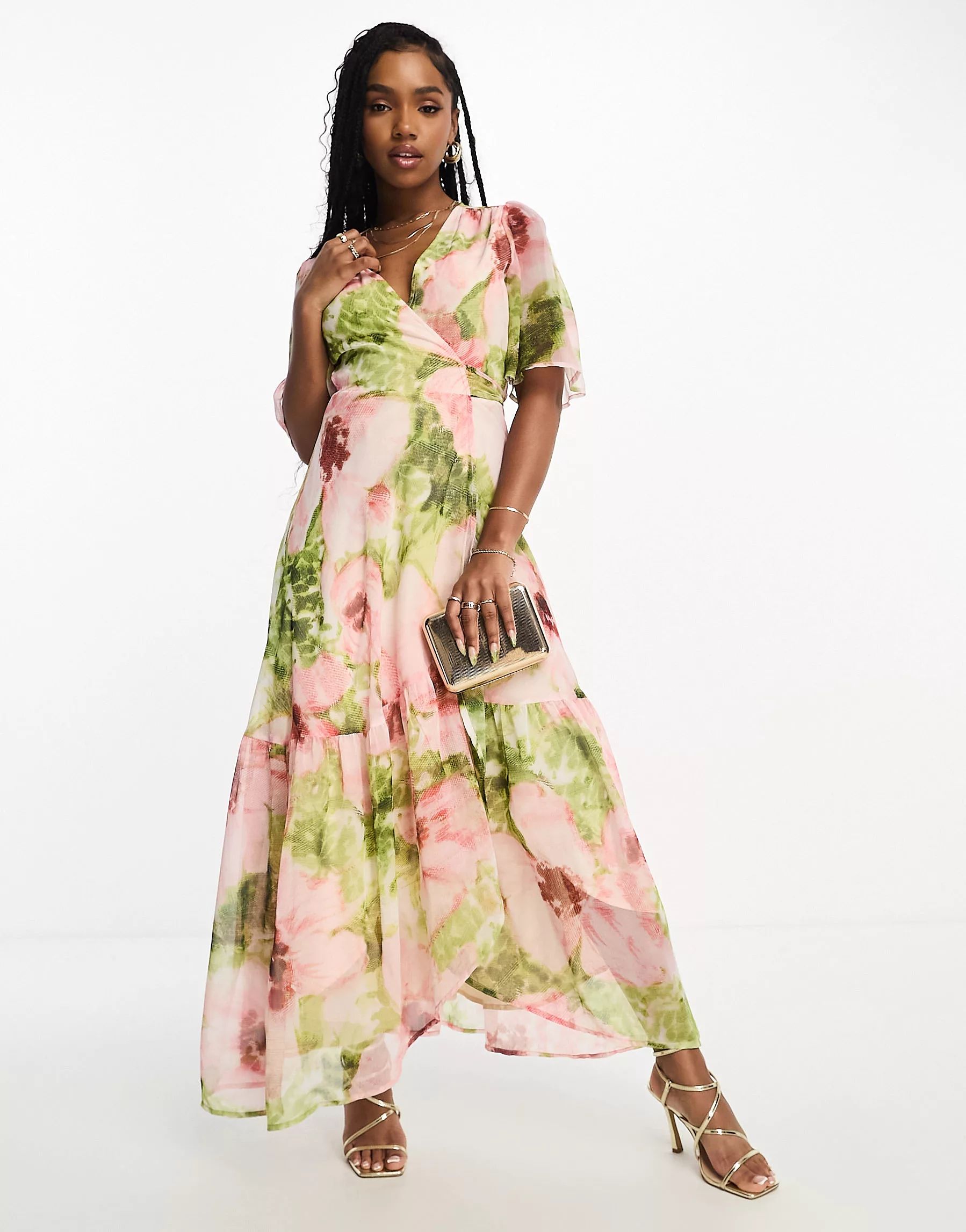 Hope & Ivy ruffle wrap maxi dress in pink floral print | ASOS | ASOS (Global)