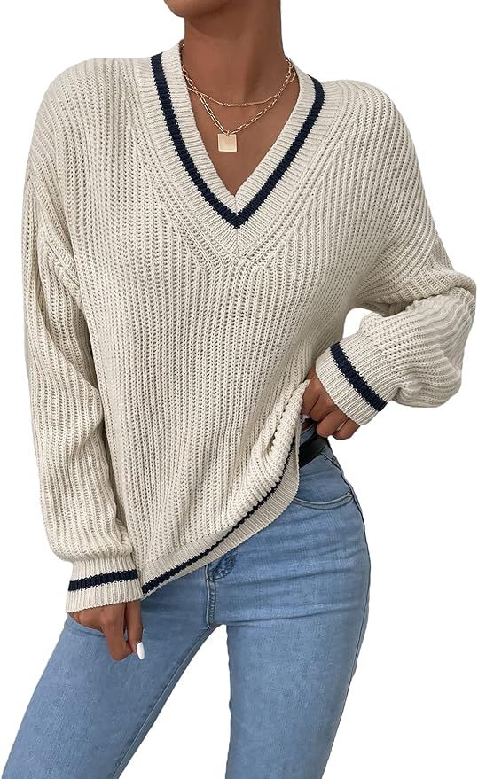 OYOANGLE Women's Ribbed Knit Preppy Sweater Long Sleeve V Neck Drop Shoulder Top | Amazon (US)