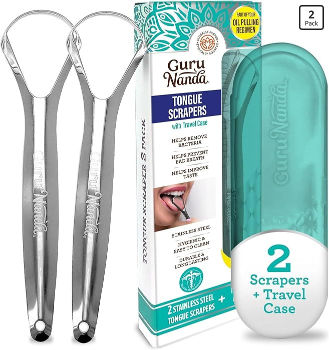 GuruNanda Tongue Scraper for Adults (2 Pack) with Travel Case, 420 Medical-Grade 100% Stainless S... | Amazon (US)