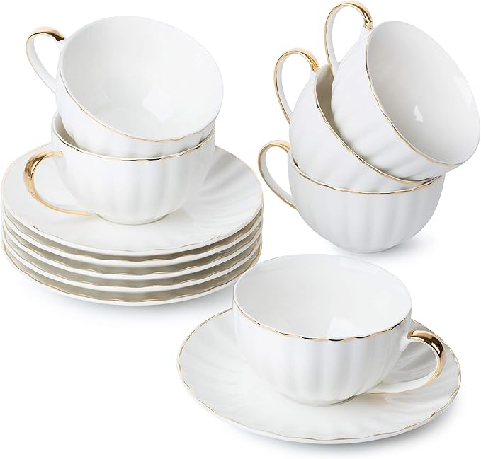 BTaT- White Tea Cups and Saucers Set of 6 (7 oz), Porcelain White Tea Cup Set with Golden Trim De... | Amazon (US)