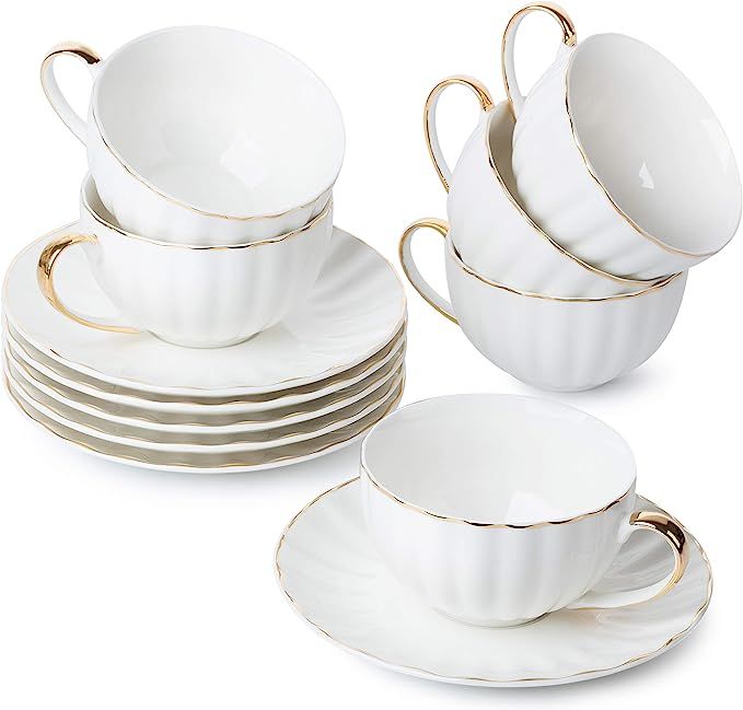 BTaT- Tea Cups and Saucers, Set of 6 (7 oz) with Gold Trim and Gift Box, Cappuccino Cups, Coffee ... | Amazon (US)
