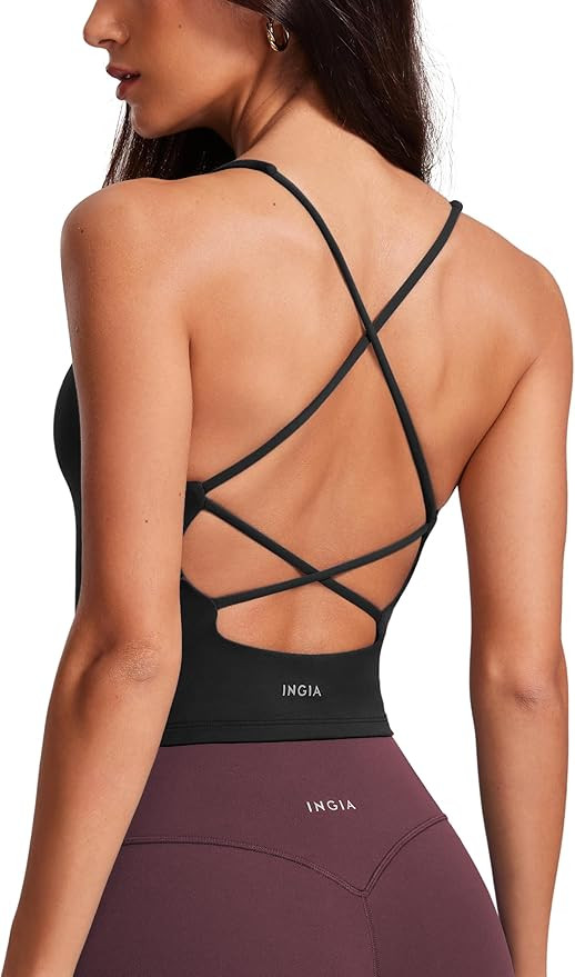 Womens V Neck Padded Tank Tops Spaghetti Criss Cross Strap Statement Strappy Back Casual Crop Top | Amazon (US)