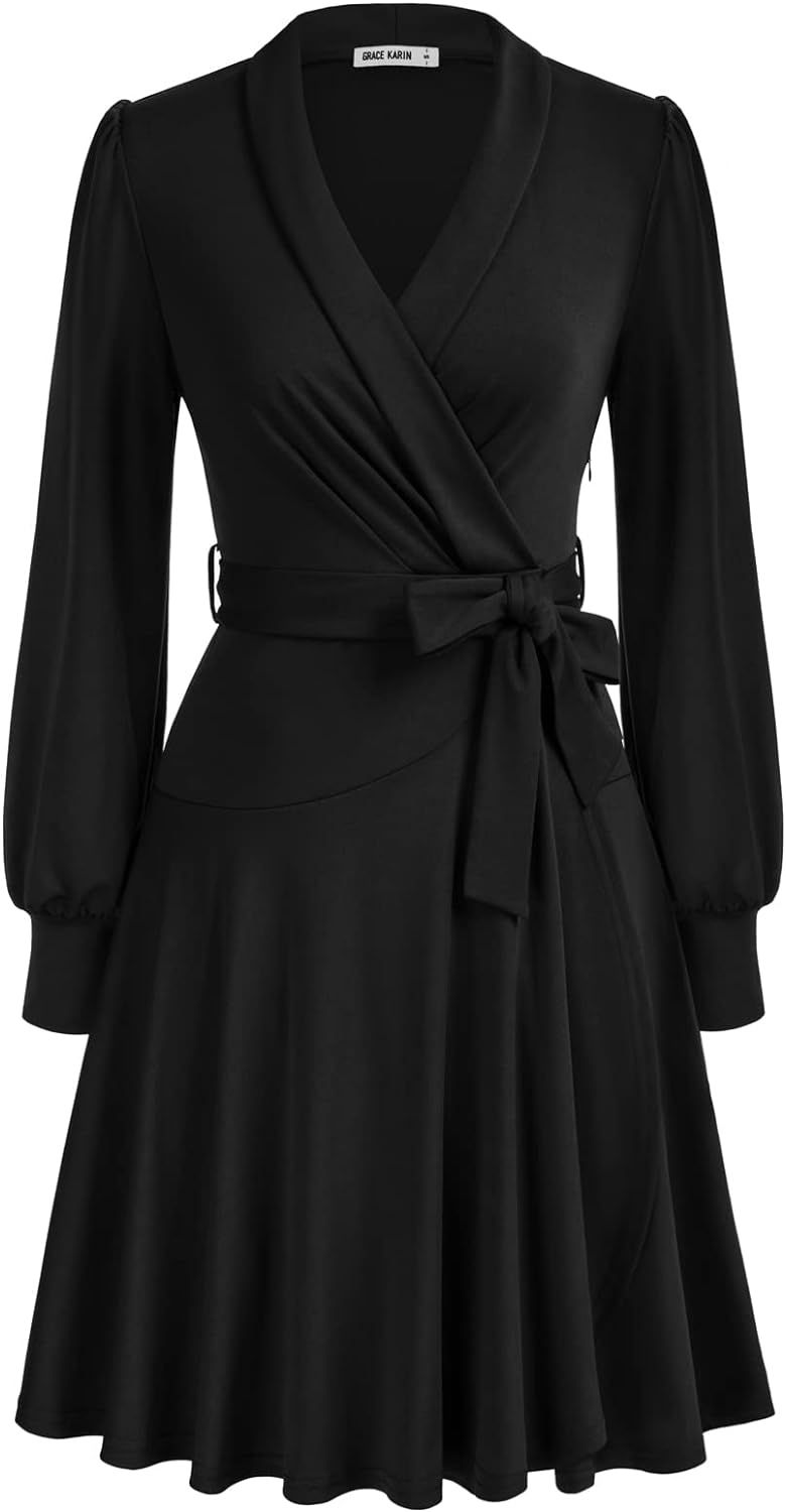 GRACE KARIN Women's Shawl Collar Faux Wrap Dress for Party V Neck Lantern Long Sleeve Tie Waist A... | Amazon (US)