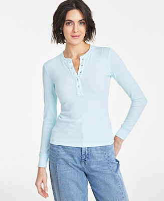 On 34th Women's Ribbed Long-Sleeve Henley Top, Created for Macy's - Macy's | Macy's