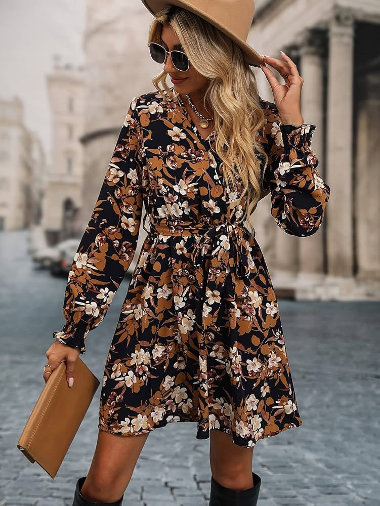 NACUII Women's 2023 Boho Spring Summer Floral Short Dress Long Sleeve V Neck Floral Print Collar ... | Amazon (US)