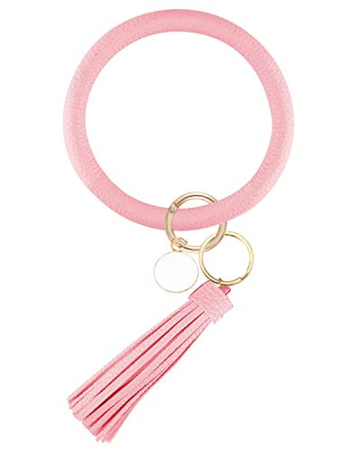 Weixiltc Large Circle Key Ring Leather Tassel Bracelet Holder Keychain Keyring For Women Girl (Pink) | Amazon (US)