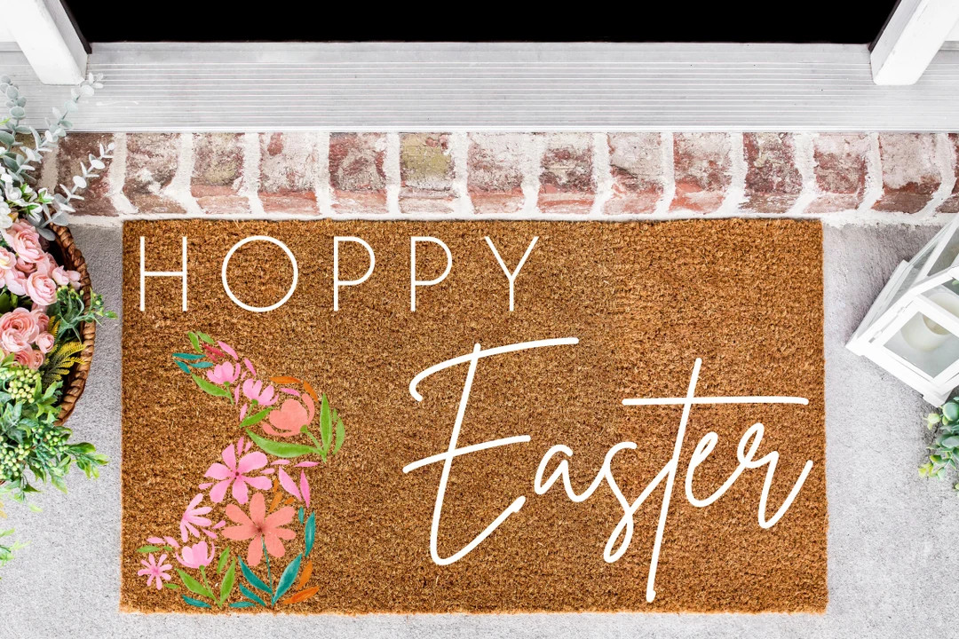 Hoppy Easter Doormat, Easter Doormat, Easter Decor, Porch Decor, Housewarming Gift, Floral Bunny,... | Etsy (US)