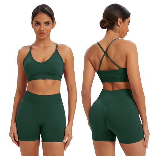 ABOCIW Workout Sets for Women 2 Piece Gym Sets Adjustable Strap V Neck Sports Bra Scrunch Butt Lifting High Waist Tummy Control Biker Shorts Yoga Pilates Outfits Activewar Green X-Small | Amazon (US)