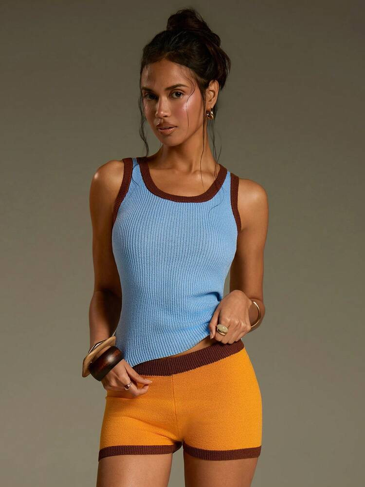 Ath\u00eeral Women's Casual Commuting Knitted Vest Top And Shorts Set, Blue Orange Color Versatil... | SHEIN