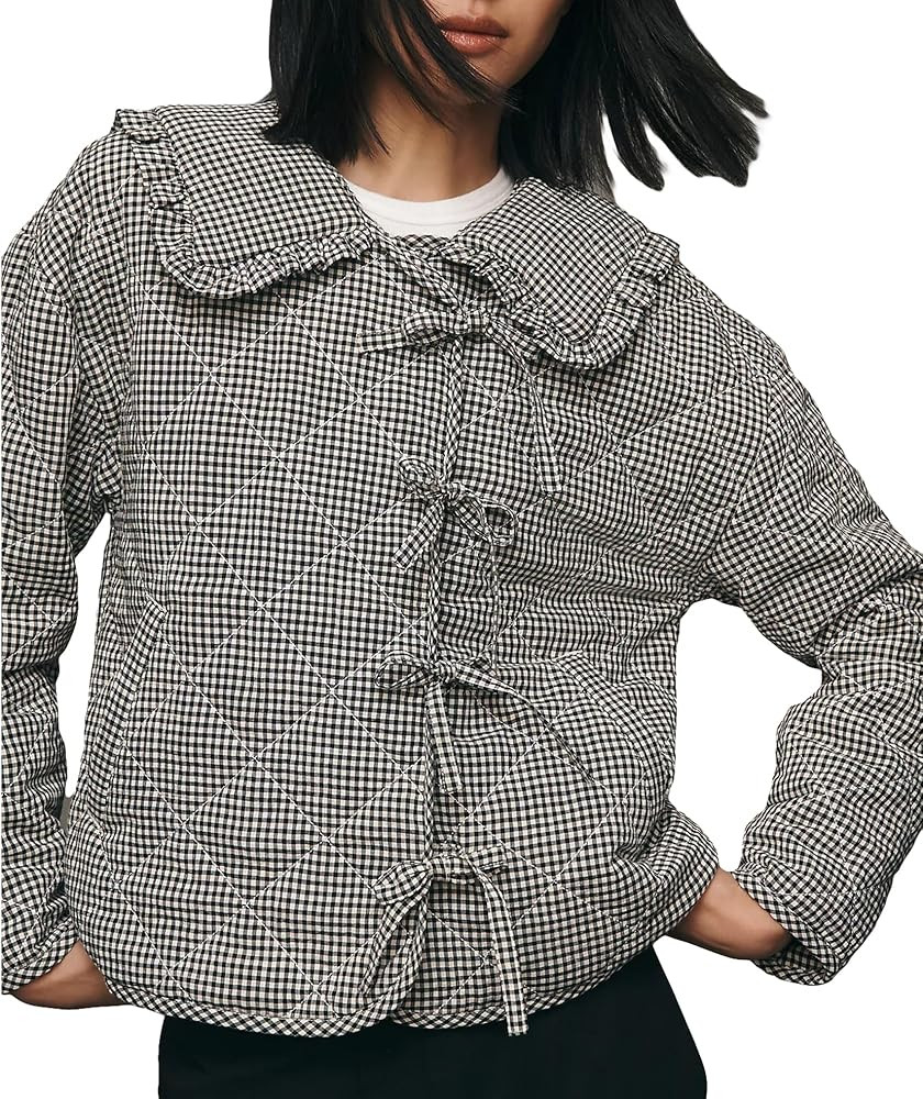 Women's Cropped Plaid Quilted Jacket Tie Front Lightweight Ruffled Lapel Collar Puffer Padded Coa... | Amazon (US)