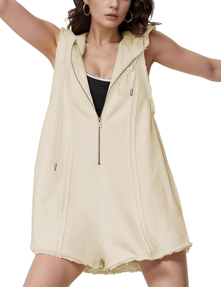 Rompers for Women Athletic Workout Hooded Romper Casual Zip-Front Neck Jumpsuits Overalls with Po... | Amazon (US)
