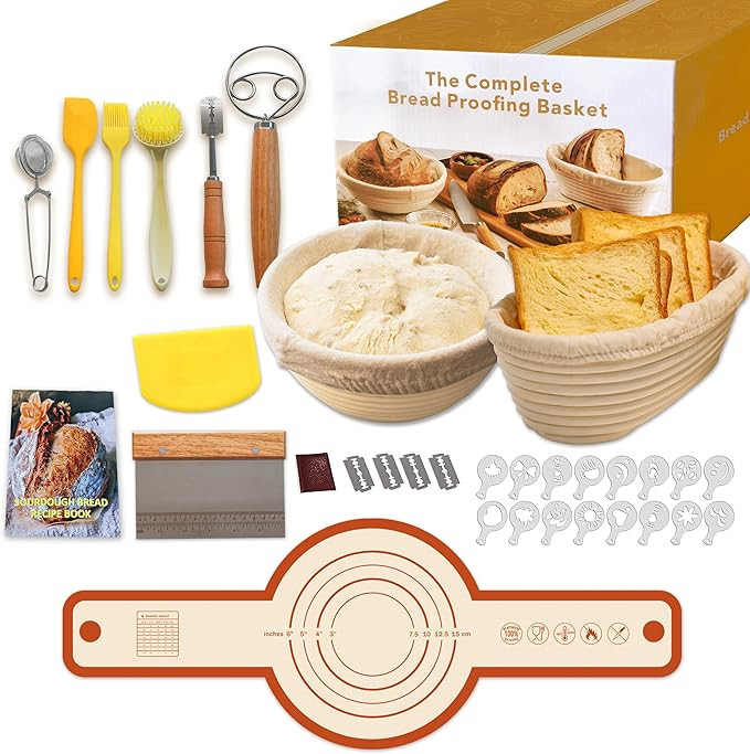 Banneton Bread Proofing Basket Set - 10" Oval & 9" Round Sourdough Starter Kit with Lame, Dough W... | Amazon (US)
