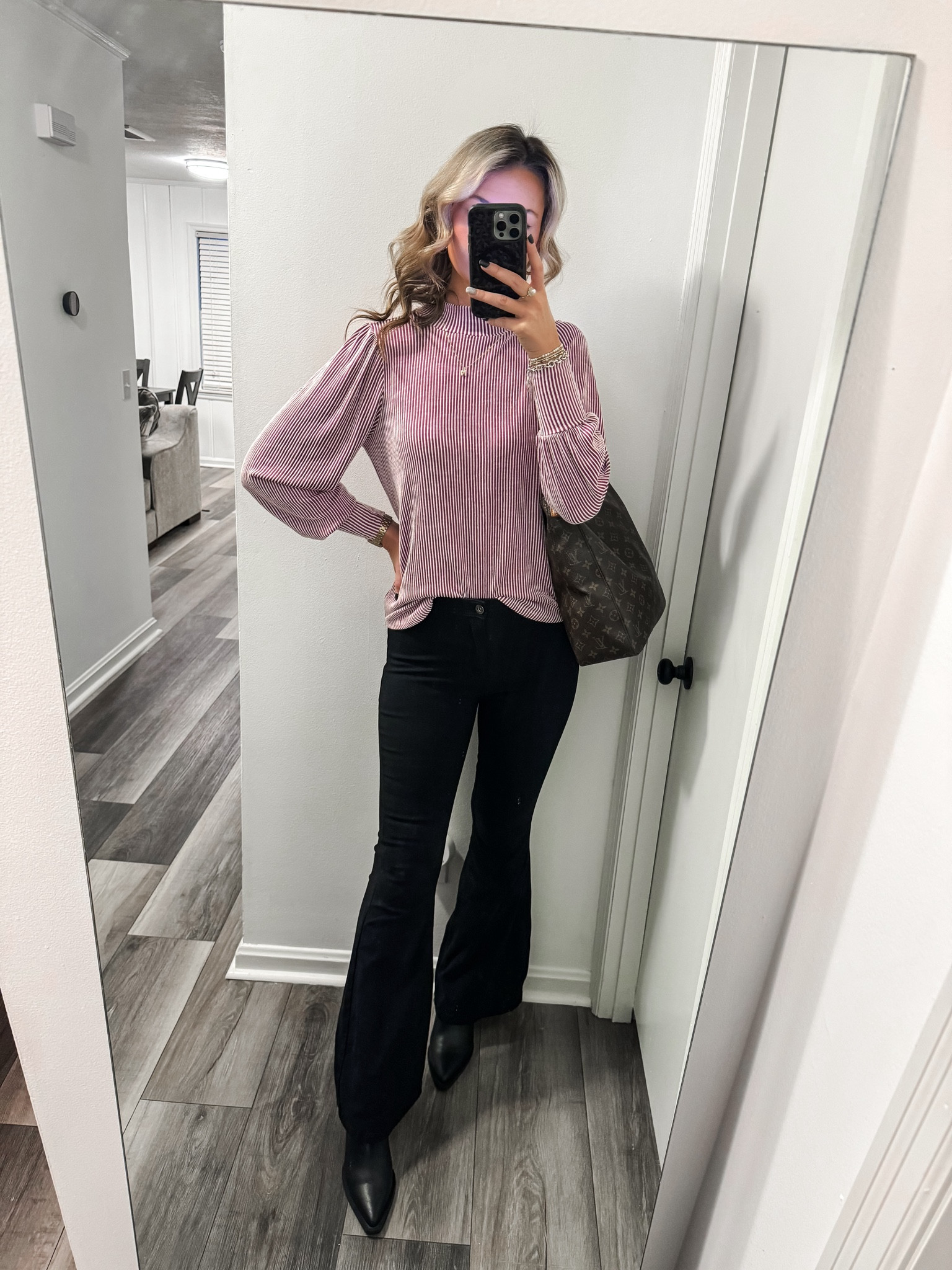 Mondays work outfit! #office #flare #flarepants #blackflare #blackjeans #booties #blackbooties #kendrascott #amazon #necklace #workfit #office #businessattire 

#LTKworkwear #LTKMostLoved #LTKstyletip