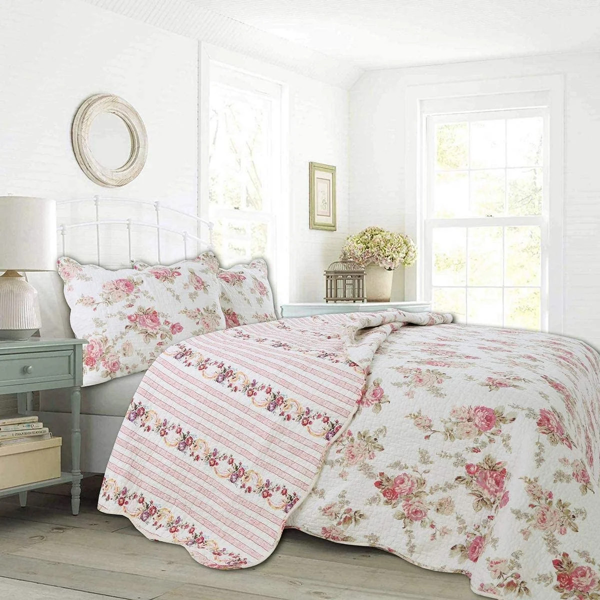 Cozy Line Shabby Chic Spring Rose 100% Cotton 3-Piece Quilt Set, Queen Set | Walmart (US)