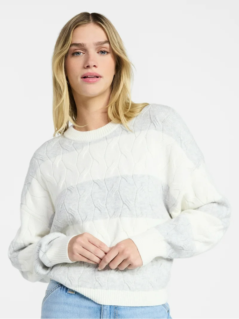 No Boundaries Drop Shoulder Crewneck Pullover Sweater, Midweight, Women's XXS-XXL | Walmart (US)