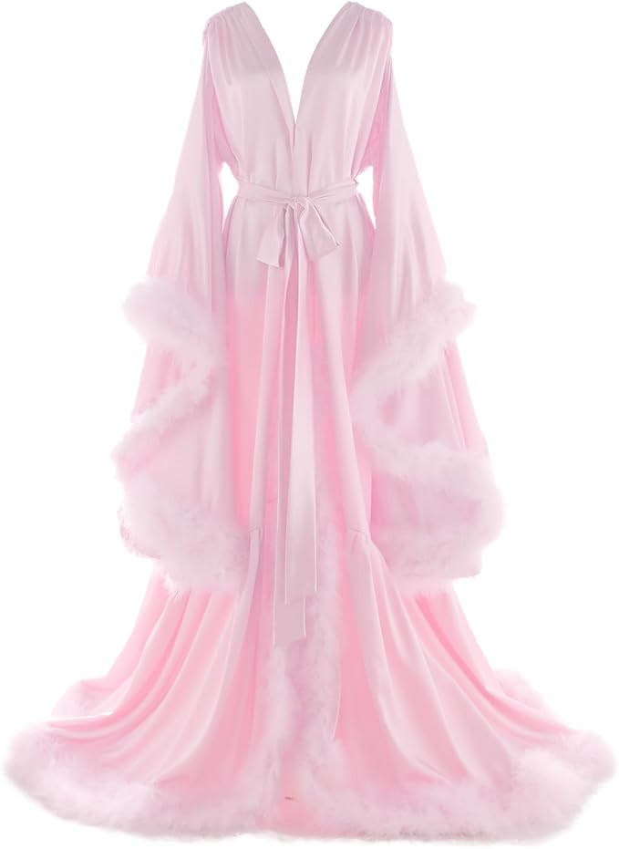 Women's Feather Bridal Robes Old Hollywood Maternity Photoshoot Nightgown Silk Bathrobe Long Ling... | Amazon (US)