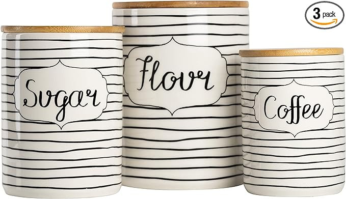 10 Strawberry Street Everyday Coffee, Sugar, Flour 3 Piece Canister Set, White/Black | Amazon (US)