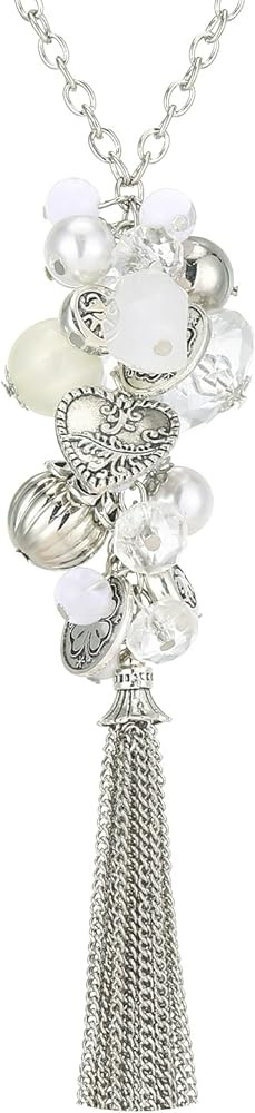 PEARL&CLUB Silver Long Tassel Necklaces for Women Boho Chain Necklace with Tassel Beaded Pendant ... | Amazon (US)