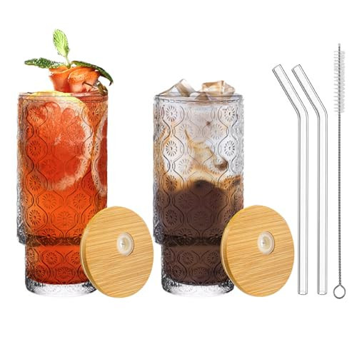 hosck 2 Pack of Glass Cups, 12 OZ Clear Glass Tumbler with Lid & Straw, Glass Iced Coffee Cup with Lids, Drinking Glasses Cups for Coffee, Juice, Tea, Cocktail | Amazon (US)