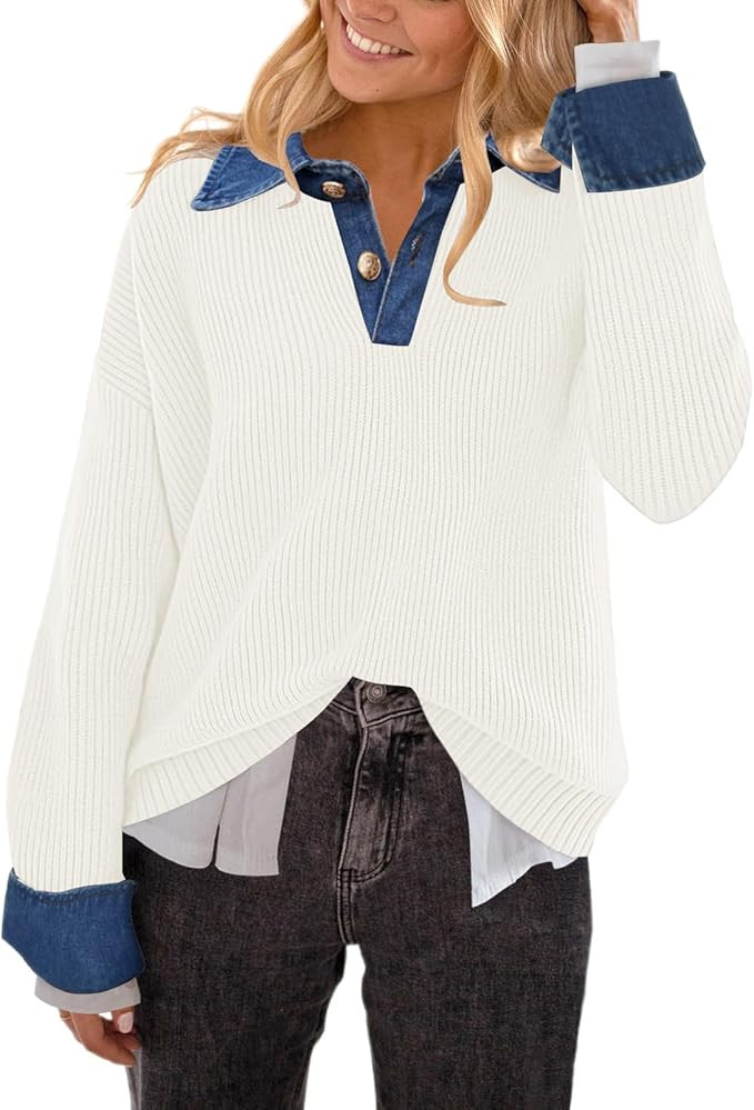 Women’s Sweaters Long Sleeve Denim Lapel V Neck Buttons Closure Pullover Tops Casual Winter Pol... | Amazon (US)