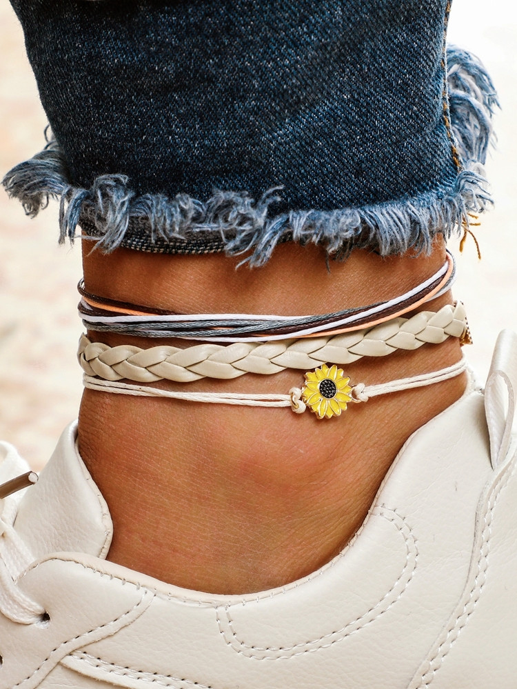 Flower Detail Layered Anklet 3pcs | SHEIN
