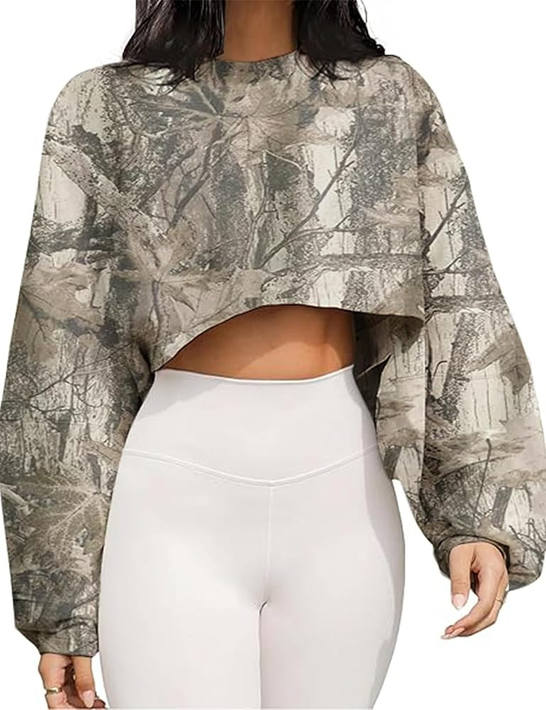 Women Camo Long Sleeve Crewneck Crop Top Tee Shirt Sweatshirt Casual Maple Leaf Print Loose Cropp... | Amazon (US)