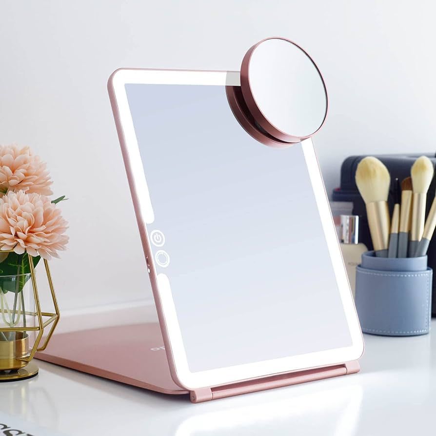 LED Foldable Travel Makeup Mirror - 7x9 inches 3 Colors Light Modes USB Rechargeable Touch Screen... | Amazon (US)