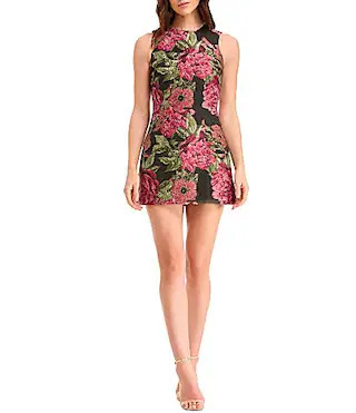 Dress the Population Katherine Jacquard Floral Print Crew Neck Sleeveless Shift Mini Dress -  XS | Dillard's