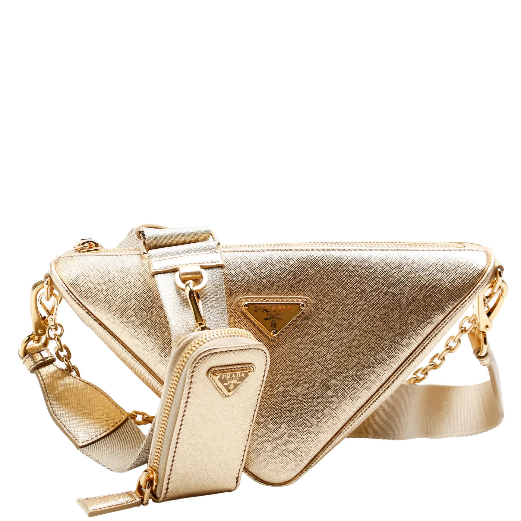 Saffiano Triangle Logo Mini Bag Gold | Keeks Designer Handbags