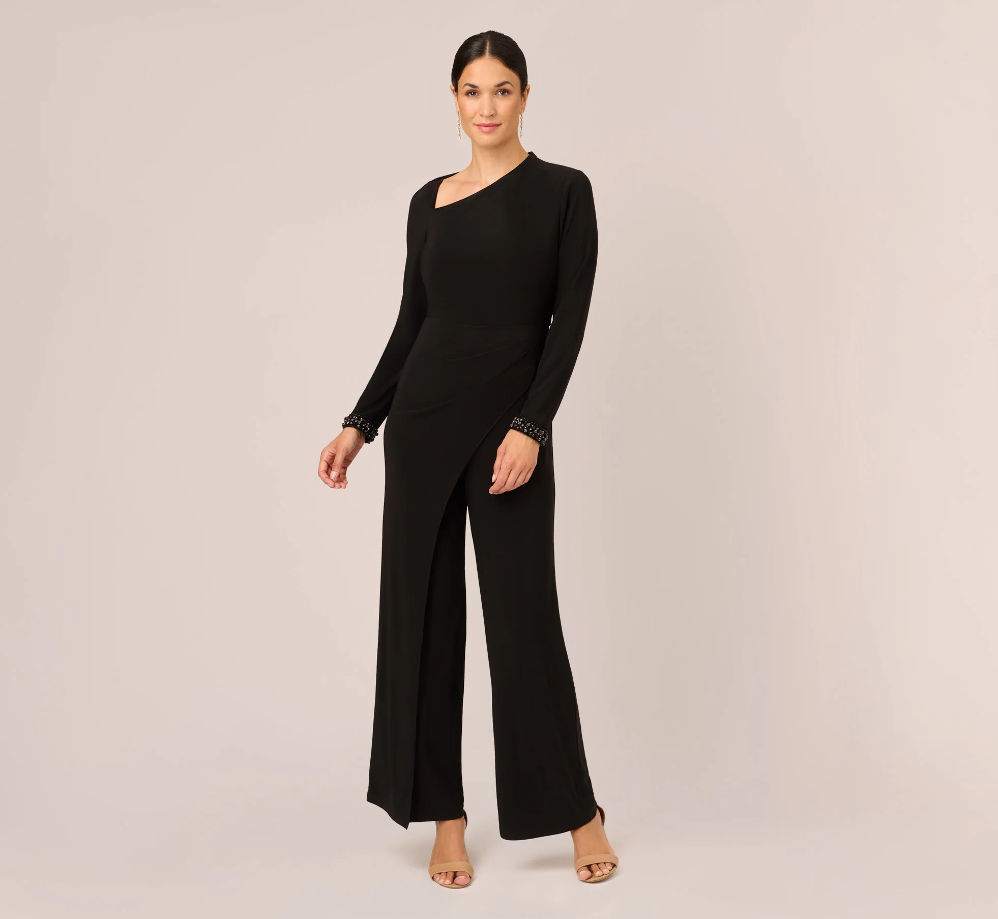 Embellished Jersey Jumpsuit With Asymmetric Neck In Black | Adrianna Papell