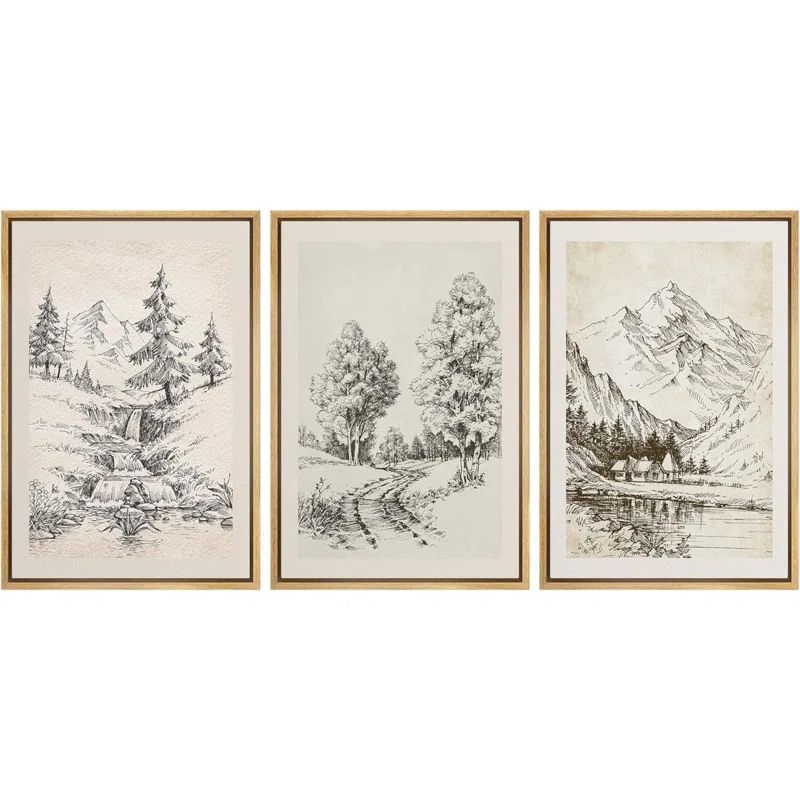 Vintage Countryside Forest Mountain River Nature Landscape Framed On Canvas 3 Pieces Print Wall A... | Wayfair North America