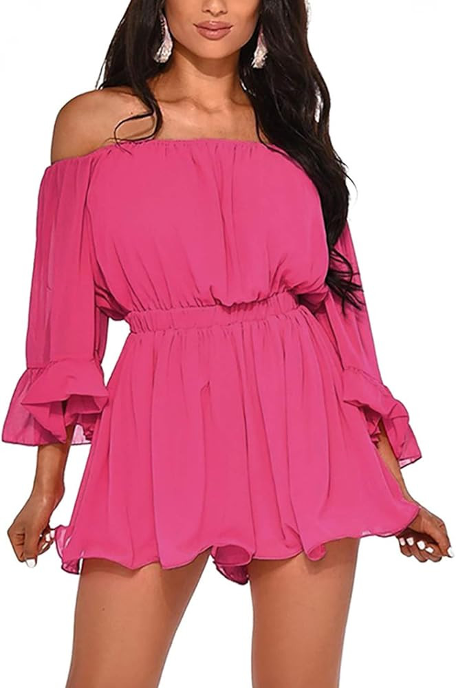 BIUBIU Women Fashion Ruffle Flare Sleeve Off Shoulder High-Waisted Chiffon Romper Shorts and Jump... | Amazon (US)