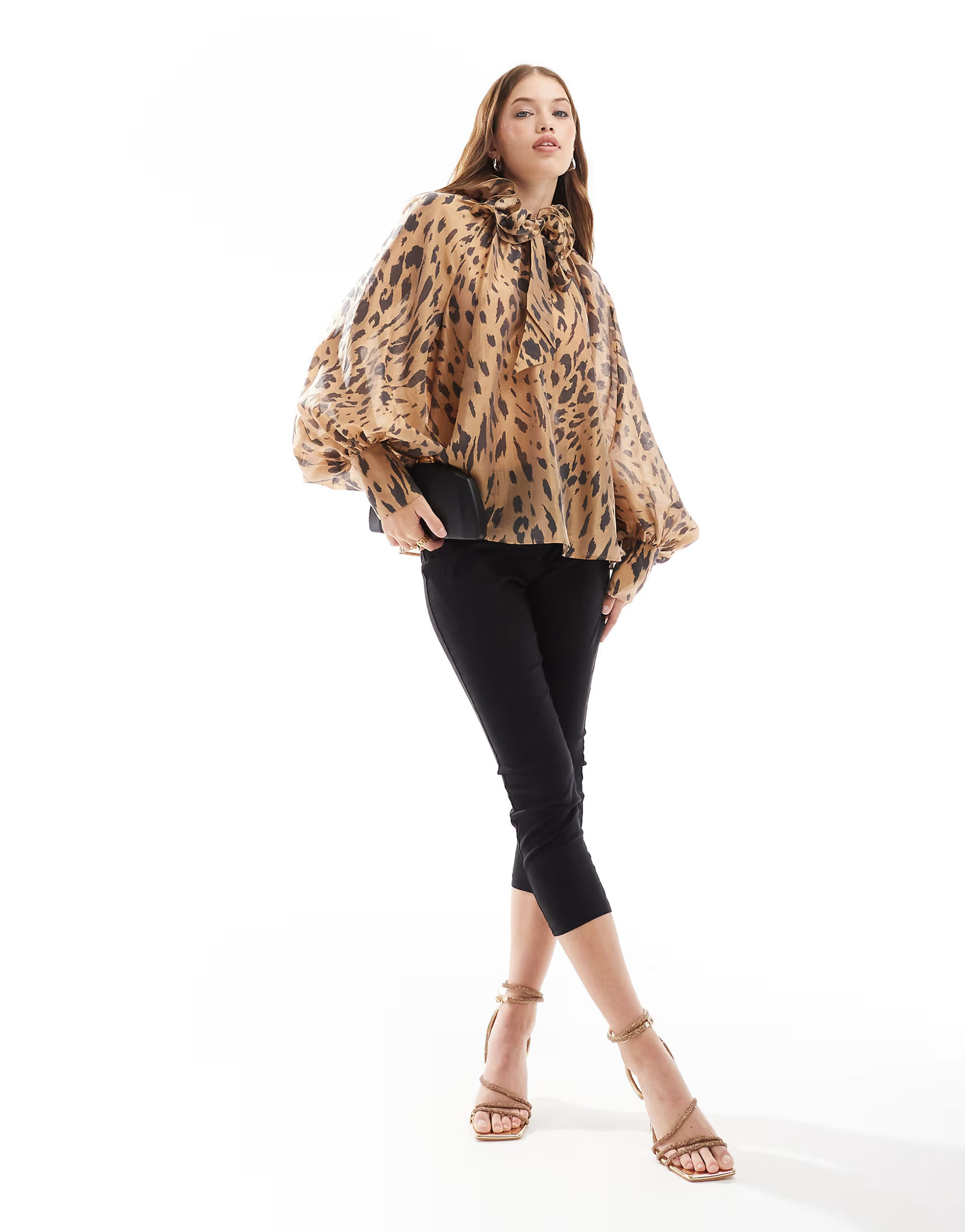 & Other Stories volume blouse with rose corsage tie neck in leopard print | ASOS | ASOS (Global)