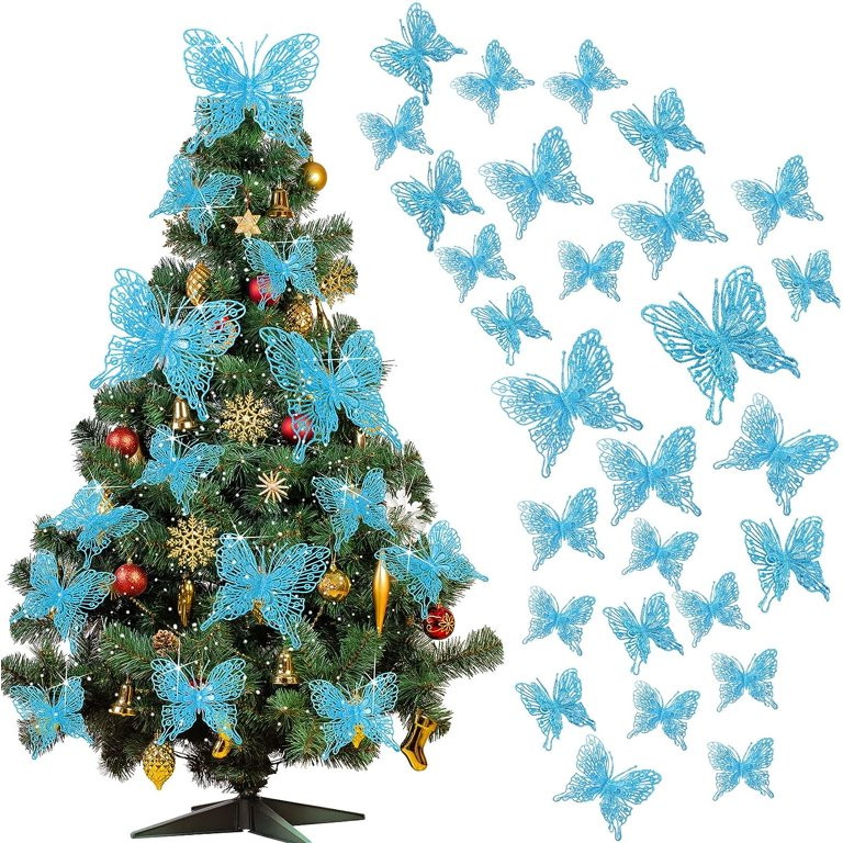 36 Pcs 3 Size Glitter Christmas Tree Butterfly Decorations - Festive Blue Hollow Butterfly Orname... | Walmart (US)