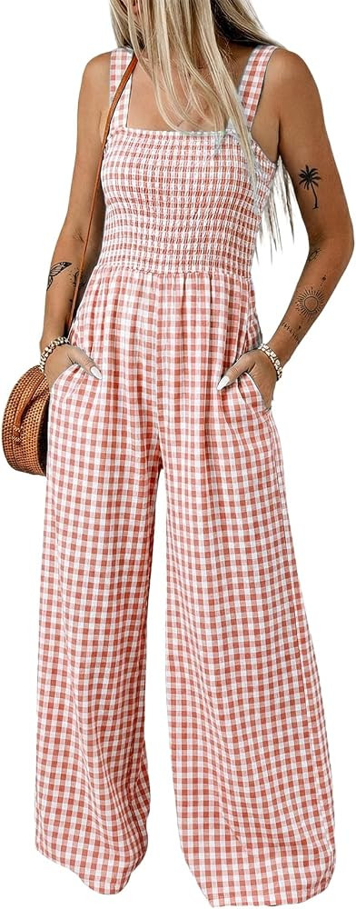 Dokotoo Women's Casual Loose Overalls Jumpsuits One Piece Sleeveless Smocked Gingham Striped Wide... | Amazon (US)