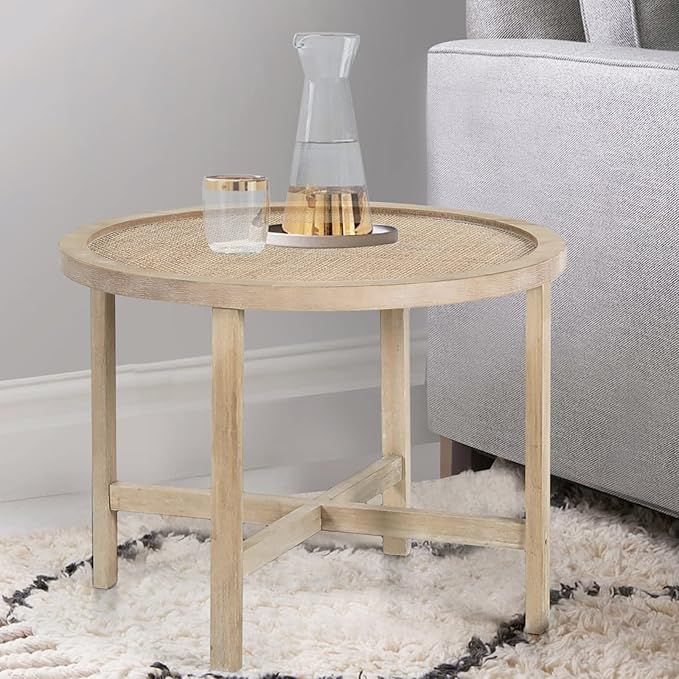 Sophia & William Round End Table with Natural Rattan Top and Wood Legs, Antique Wooden Tray Side ... | Amazon (US)